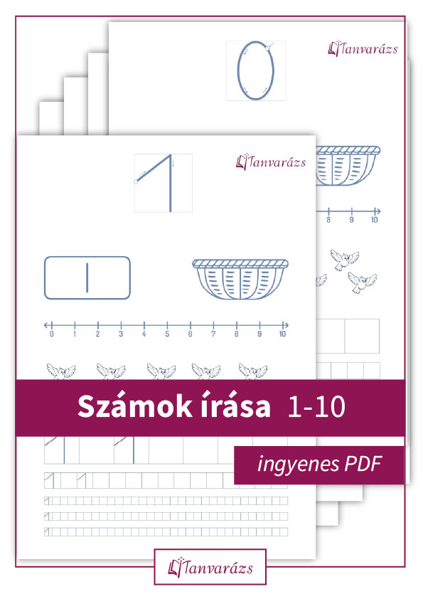 Számok írása 1-10: Színezhető feladatlapok, ahol a gyerekek a számok írását gyakorolják 1-10-ig, játékos feladatokkal és szórakoztató ábrákkal.