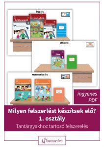Tantárgyakhoz tartozó felszerelés első osztályos gyerekeknek, tankönyvek és füzetek képes listája a tanórák előkészítéséhez.