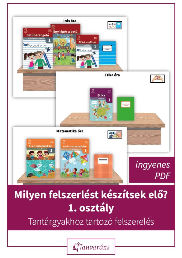 Tantárgyakhoz tartozó felszerelés első osztályos gyerekeknek, tankönyvek és füzetek képes listája a tanórák előkészítéséhez.