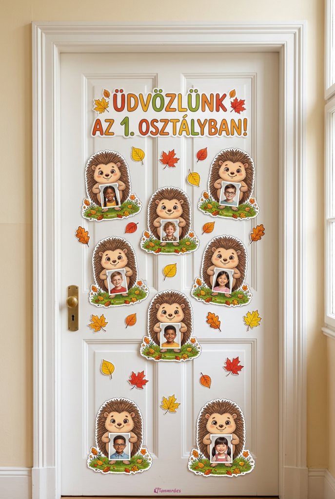Ezen az őszi ajtódekorácón sünik láthatók, akik kezében gyerekek fotói láthatók egy tanterem ajtajára felragasztva.