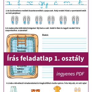 Írás feladatlap 1. osztály – nyári tematikájú gyakorló PDF első osztályt végzett gyerekeknek, játékos betűfelismeréssel és írásfejlesztéssel.