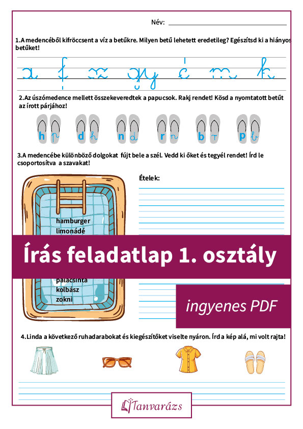Írás feladatlap 1. osztály – nyári tematikájú gyakorló PDF első osztályt végzett gyerekeknek, játékos betűfelismeréssel és írásfejlesztéssel.