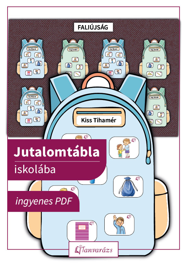 Papírból kivágható jutalomtábla iskolába, színes hátizsákokkal és taneszközökkel a gyerekek motiválásához