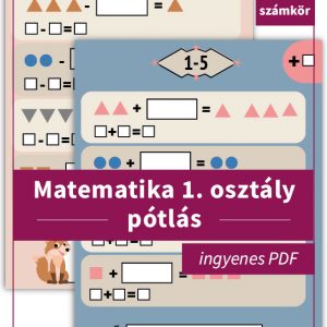 Ingyenes feladatlap matematika 1. osztály pótlás gyakorlásához 5-ös számkörben, színes játékos ábrákkal.