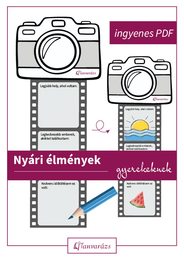 Nyári élmények feladatlap alsós gyerekeknek – fényképezőgépes, filmtekercses rajzolós pdf segítő kérdésekkel