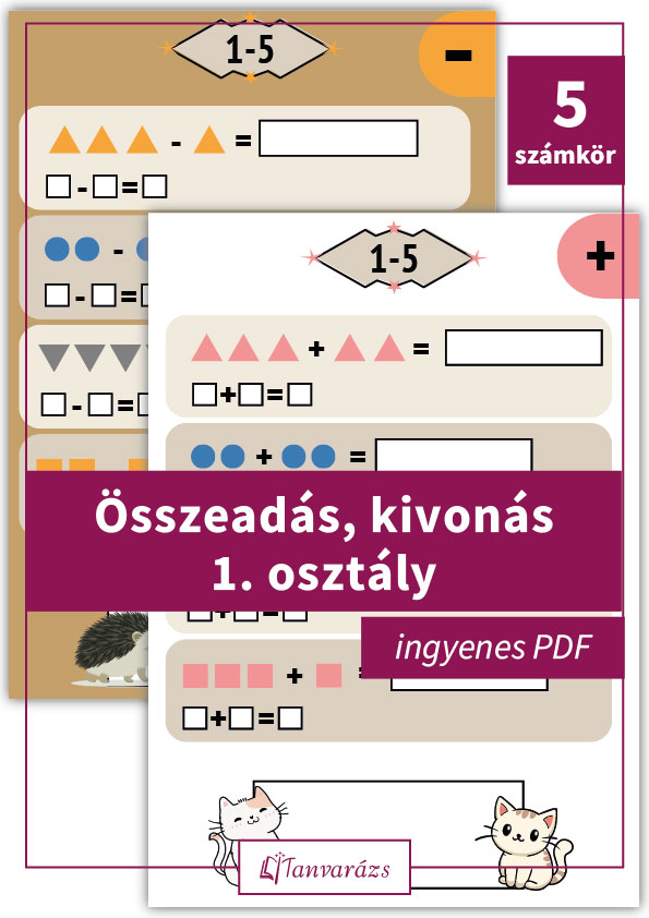 Összeadás, kivonás 1. osztály Színes, játékos feladatlap 1. osztályosoknak az összeadás és kivonás gyakorlására 5-ös számkörben.