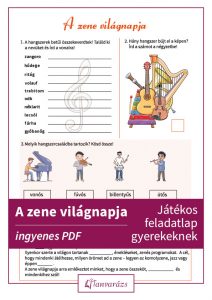 A zene világnapja feladatlap: hangszerek, rejtvények és színes feladatok várják az alsósokat.