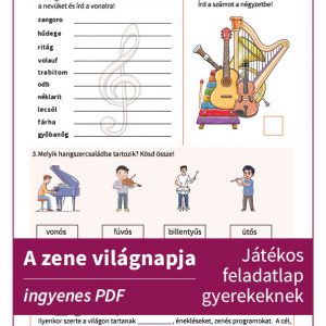 A zene világnapja feladatlap: hangszerek, rejtvények és színes feladatok várják az alsósokat.