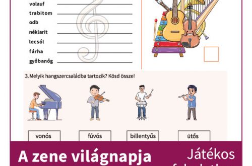 A zene világnapja feladatlap: hangszerek, rejtvények és színes feladatok várják az alsósokat.