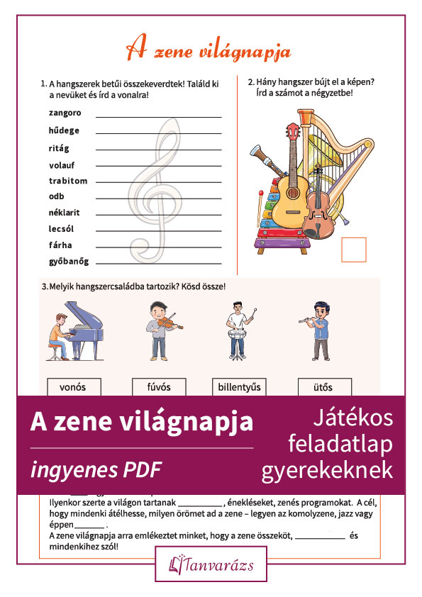 A zene világnapja feladatlap: hangszerek, rejtvények és színes feladatok várják az alsósokat.