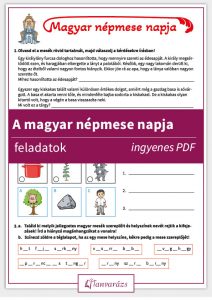 A magyar népmese világnapja feladatok feladatlapjának borítója, színes, mesés illusztrációkkal.