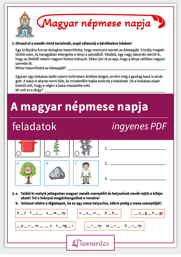 A magyar népmese világnapja feladatok feladatlapjának borítója, színes, mesés illusztrációkkal.