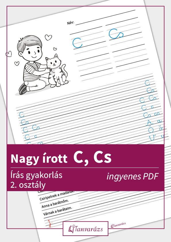 Nagy írott C, Cs gyakorló feladatlap színezővel, a betű írásának gyakorlásához.