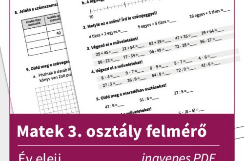 Matek 3. osztály felmérő feladatlap, amelyen összeadás, kivonás, szorzás és szöveges feladatok láthatók.
