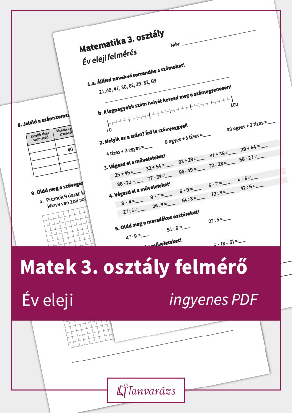 Matek 3. osztály felmérő feladatlap, amelyen összeadás, kivonás, szorzás és szöveges feladatok láthatók.