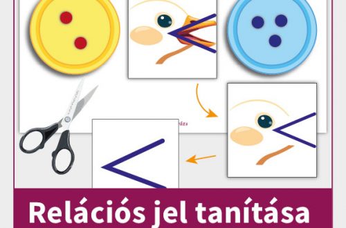 Relációs jel tanítása, kivágható vizuális segédeszközzel: tányérokkal és kacsa csőrrel.