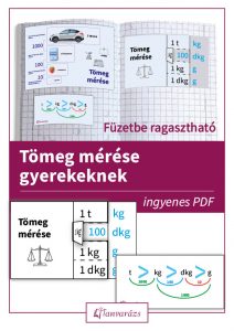 Tömeg mérése gyerekeknek vizuális segédanyag egy füzetben, színes képekkel.