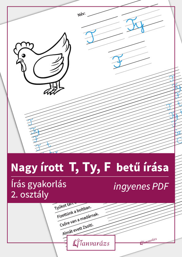 Nagy írott T, Ty, F betű gyakorló feladatlap gyerekeknek – játékos írásfejlesztő gyakorlat színezővel