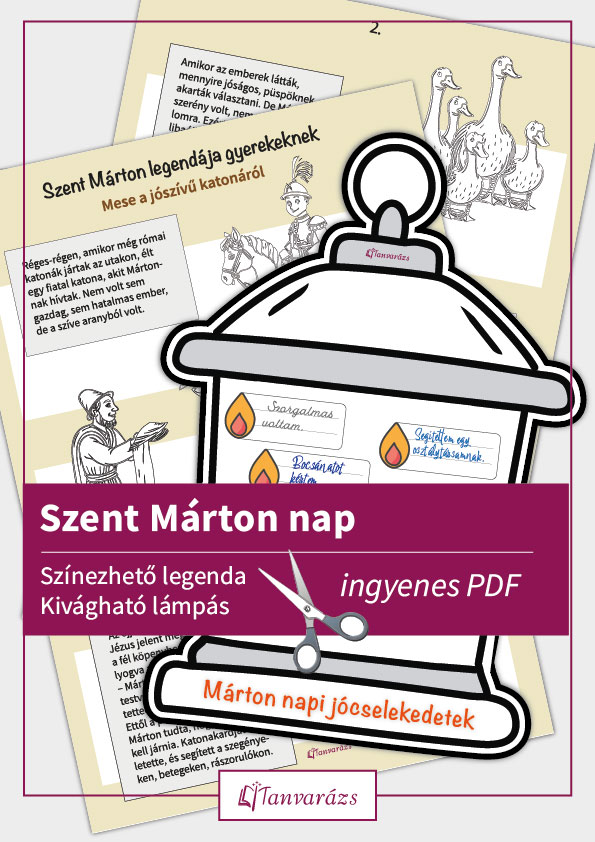 Szent Márton nap alkalmából készült színezhető legenda és kivágható, jócselekedeteket gyűjtő Márton-napi lámpás sablon gyerekeknek.