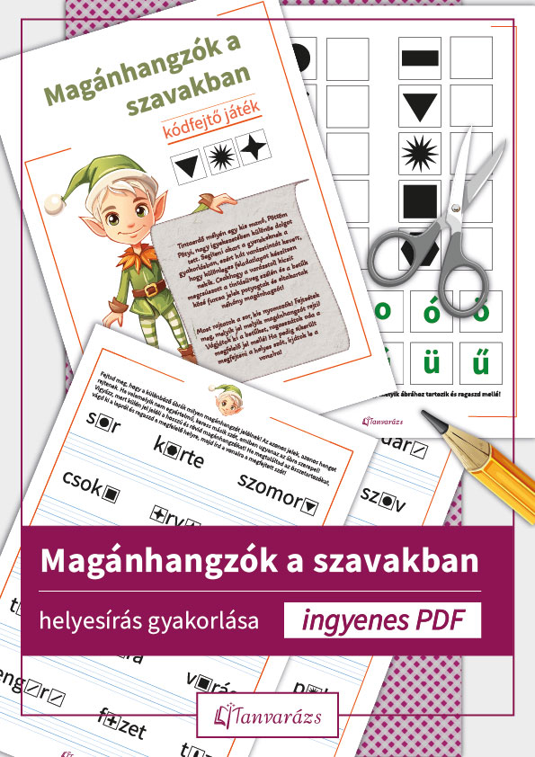 Magánhagzók a szavakban: Gyerekeknek szóló kódfejtő játék a magánhagzók hosszúságának gyakorlásához, színes és játékos illusztrációval.