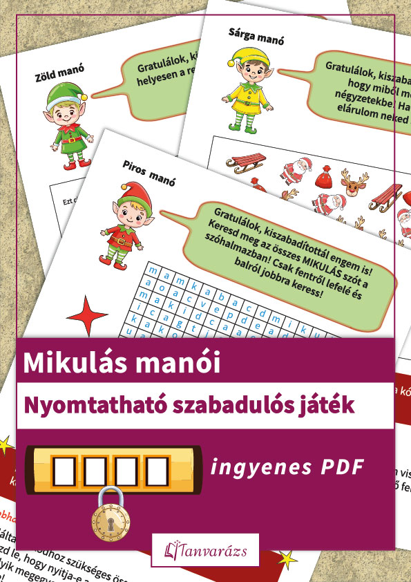 Mikulás manói szabadulós játék – nyomtatható karácsonyi feladatlap gyerekeknek, rejtvényekkel és titkos kóddal.