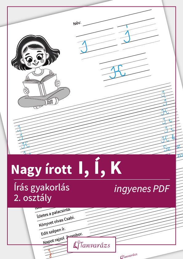 Nagy írott I, Í, K betűk gyakorlásához készült játékos írásfejlesztő feladatlap kisiskolásoknak, színezhető résszel.