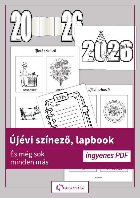Újévi színező csomag alsós gyerekeknek kéményseprővel, malaccal, tűzijátékkal és 2026-os tervezővel.