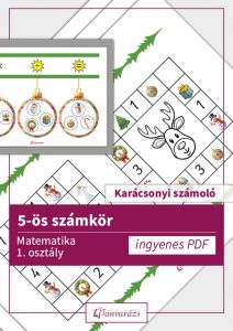 5-ös számkör: Karácsonyi kódfejtős matematika feladatlap első osztályosoknak, színezhető ábrával és műveleti jel megfejtéssel.