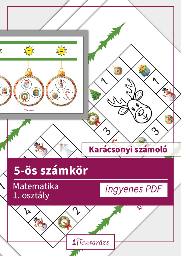5-ös számkör: Karácsonyi kódfejtős matematika feladatlap első osztályosoknak, színezhető ábrával és műveleti jel megfejtéssel.