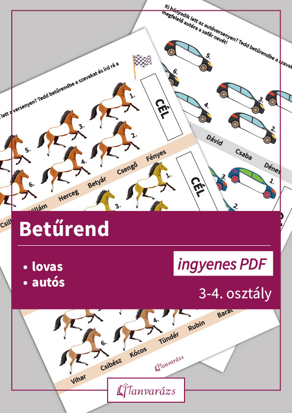 Betűrend gyakorlását segítő játékos feladatlap lovas és autóversenyes témában gyerekeknek.