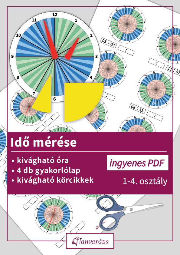 Kivágható papír óra pontos percekjelöléssel és mutatókkal, amely az idő mérése tanulását segíti alsós gyerekeknek.