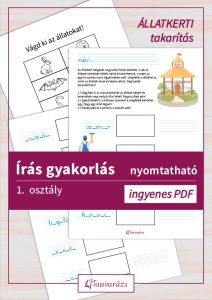 Írás gyakorlás 1. osztály nyomtatható, állatkertes feladatlap, ahol gyerekek állatok képeit ragasztják be és írják fel a nevüket.