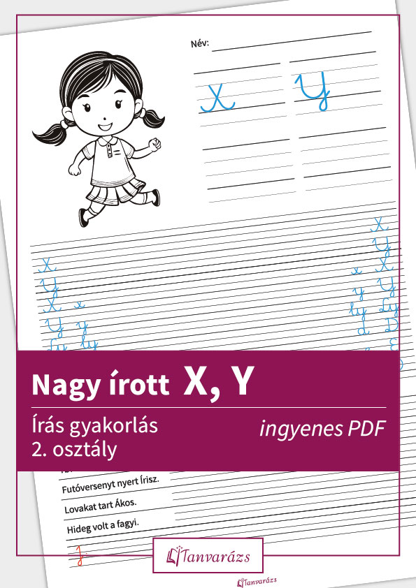 Nagy írott X és Y betűk gyakorlási feladatlap képe, színezhető motívummal és vonalzott gyakorló sorokkal az írás tanulásához