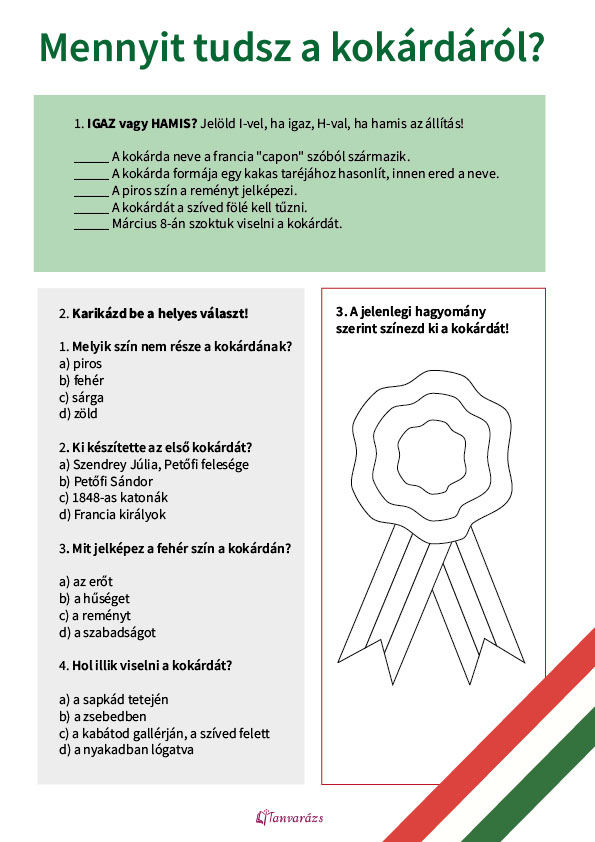 Nyomtatható feladatlap a kokárda 1848 témájához: igaz–hamis állítások, karikázós, feleletválasztós kérdések és színezhető kokárda a 2–4. osztályos gyerekeknek a szövegértés gyakorlásához.