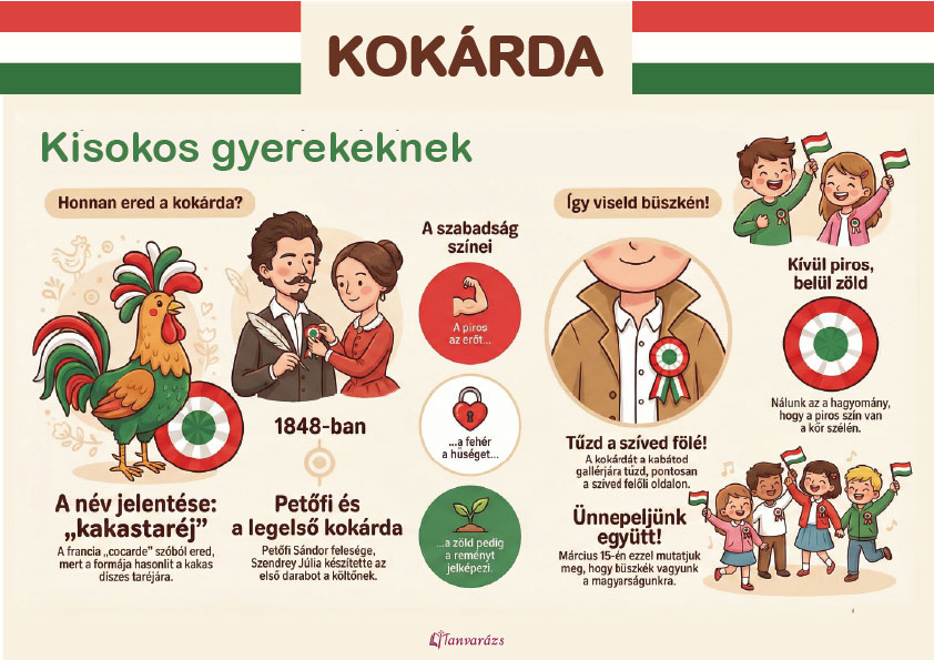 Gyerekbarát infografika a kokárda 1848 történetéről: a kokárda neve, eredete, a színek jelentése és a helyes feltűzés módja rövid, képes, érthető magyarázattal alsós gyerekeknek.