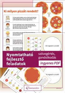 Nyomtatható fejlesztő feladatok: pizzák képei és leírásai a szövegértős, ragasztós párosító játékhoz.