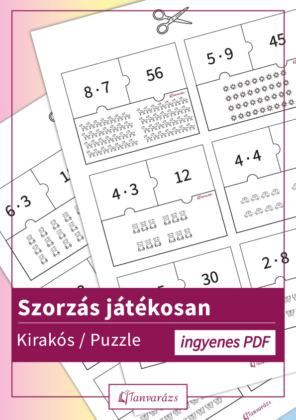 Szorzás játékosan: kivágható puzzle-kártyák – szorzás, eredmény és képes mennyiség párosítása, 2. osztálytól.