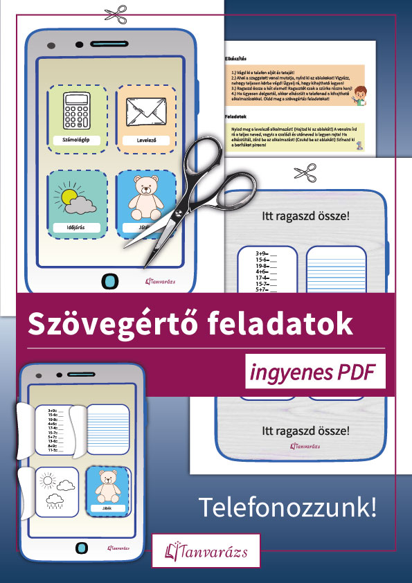 Játékos papírból készült telefon feladatlap szövegértő feladatokkal másodiktól negyedik osztályos gyerekeknek, kihajtható alkalmazásokkal