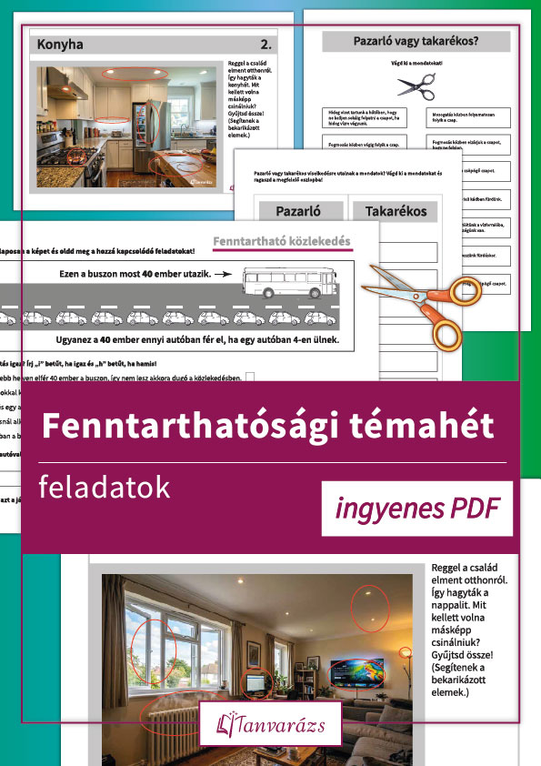Fenntarthatósági témahét feladatok gyerekeknek: energiatakarékosság, víztakarékosság és fenntartható közlekedés témájú letölthető feladatlapok.