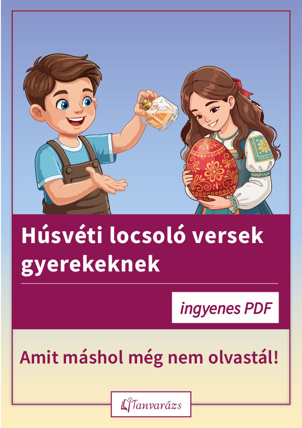 Húsvéti locsoló versek gyerekeknek, vidám ünnepi illusztráció locsolkodó kisfiúval és kislánnyal, hímes tojással.