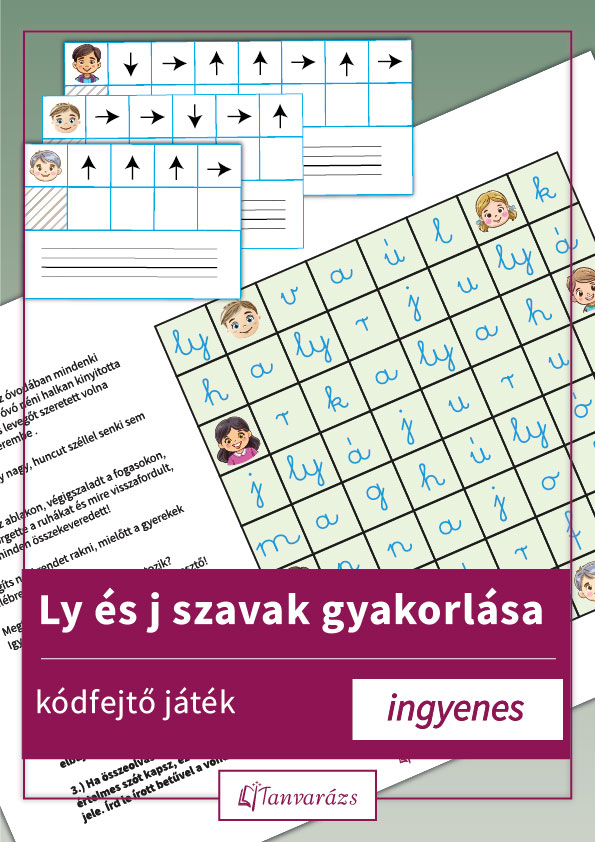 Ly és j szavak gyakorlása – játékos kódfejtő feladatlap alsós gyerekeknek nyilakkal és betűráccsal