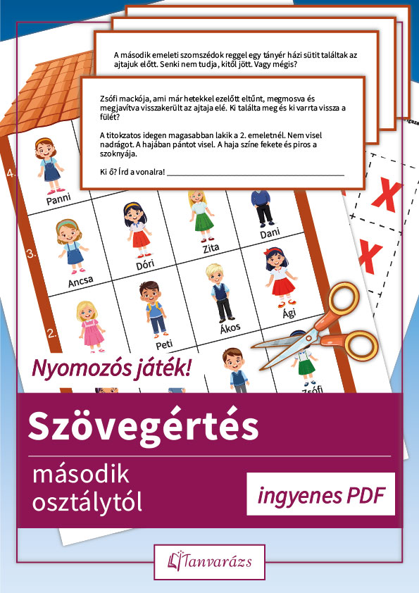 Szövegértés második osztály nyomozós játék – letölthető feladatlap házikóval és kiskártyákkal