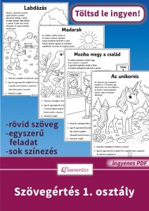 Szövegértés 1. osztály feladatlapok rövid szövegekkel és színezhető képekkel