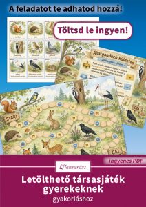 Letölthető társasjáték gyerekeknek: erdei állatgondozó küldetés táblája, színes etető és itató mezőkkel, állatkártyákkal és oklevéllel. Ingyen letölthető